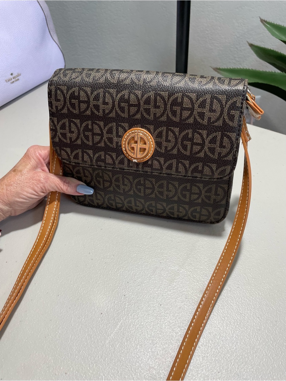 Giani Bernini Designer Brown signature Monogram Crossbody Bag with Tan Trim